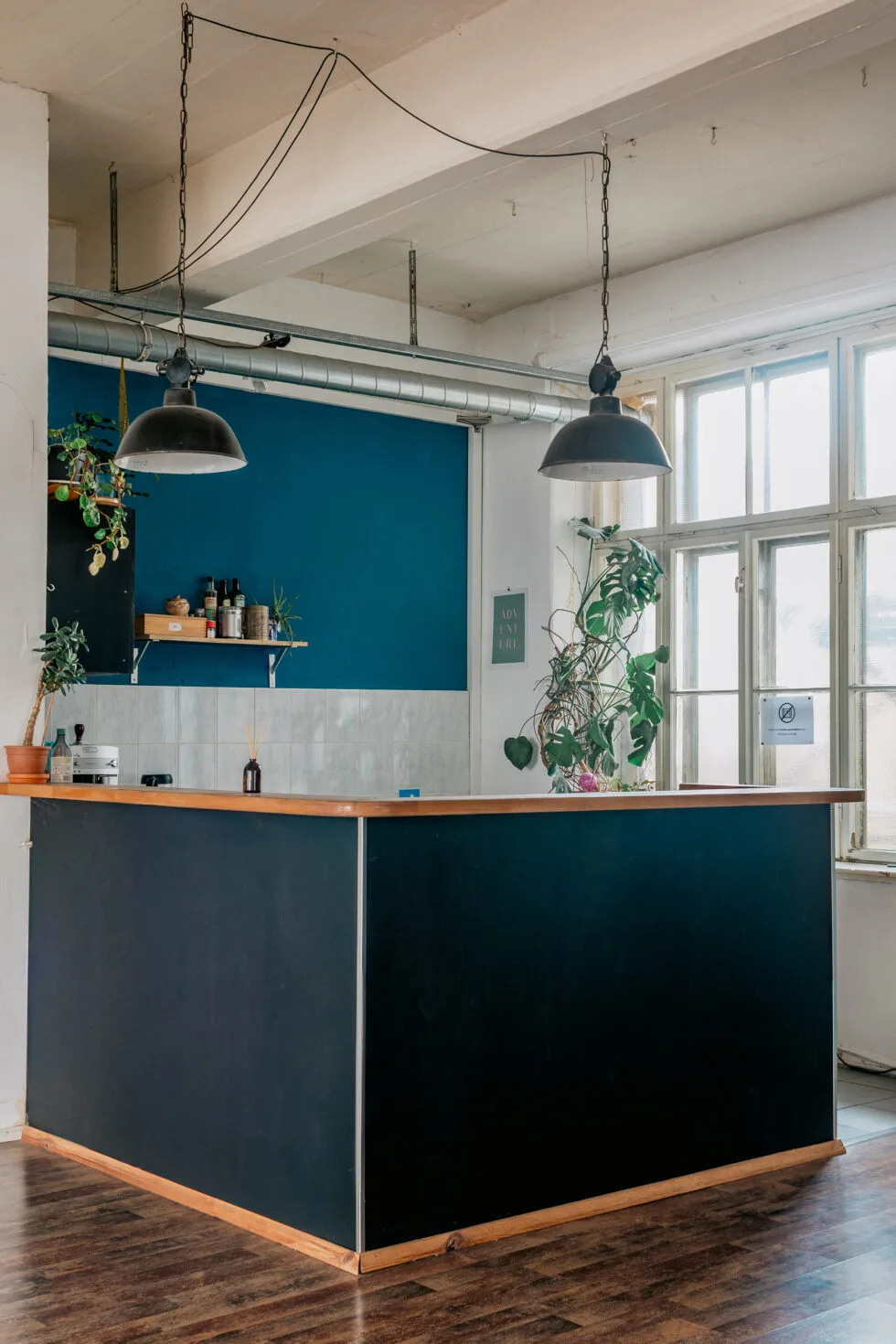 Küchenbereich mit Industrielampen und Pflanzen im Foto- und Videostudio Etage Leipzig